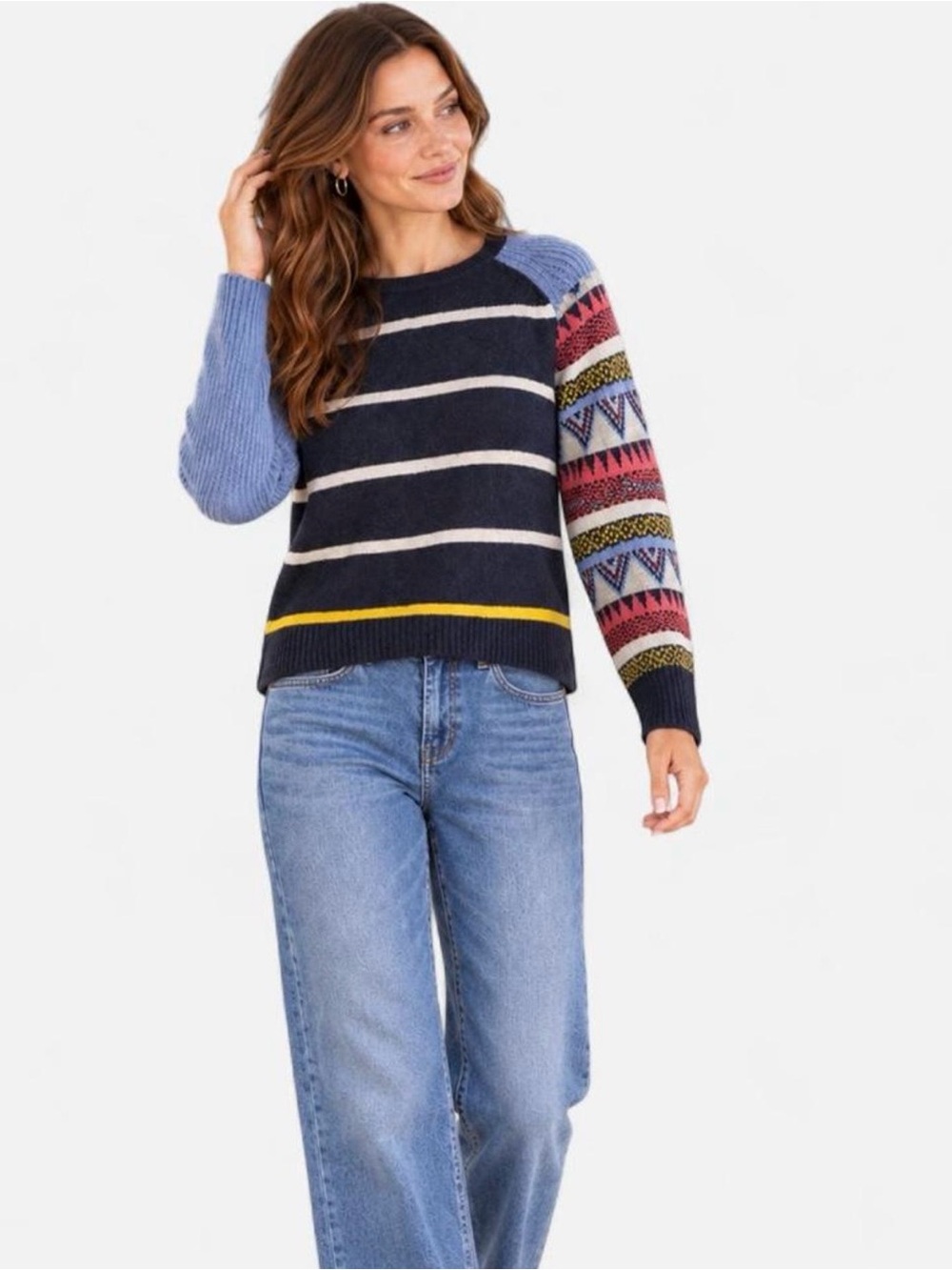 Women’s Striped & Fair Isle Geometric Wool Crewneck Sweater Preppy Size Medium